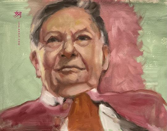 Barrie Humphies seen from below a bit, head & shoulders, face on. He has a twinkling slight smile and is wearing a bright fuchsia jacket, white shirt & orange tie. Behind him is a lighter pink feather boa. It’s very colorful in reds, fuchsia, pinks & orange. The background is a pale green. 