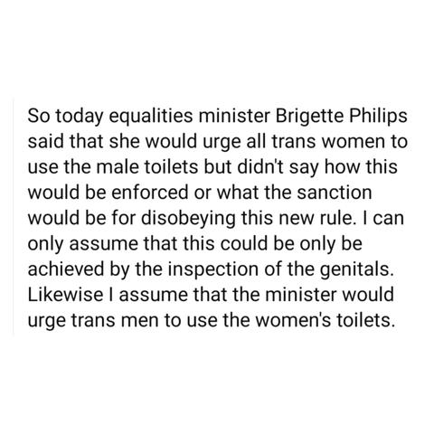 Caption saying:-

So today equalities minister Brigette Philips said that she would urge all trans women to use the male toilets but didn't say how this would be enforced or what the sanction would be for disobeying this new rule. I can only assume that this could be only be achieved by the inspection of the genitals.
Likewise I assume that the minister would urge trans men to use the women's toilets.