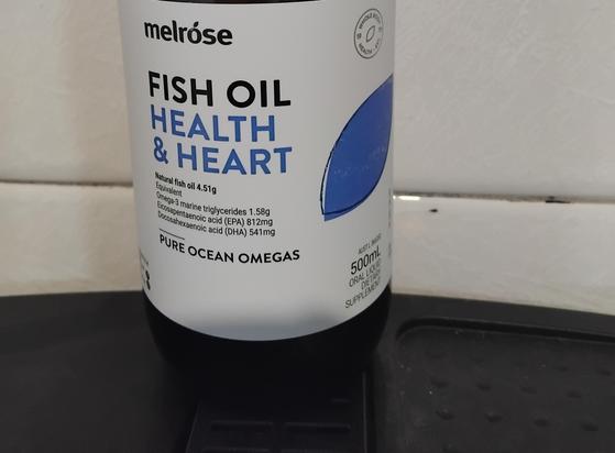 Photo of the label of a 500ml bottle of Melrose fish oil. Compared to the fresh herbs being chewed at the time, it was tasteless.