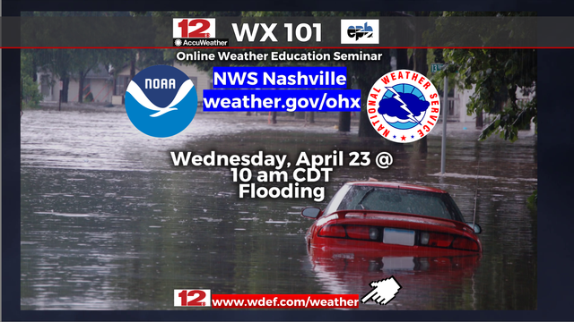 Wednesday morning's @NWSNashville #Weather101 #weathereducation program is all about #flooding. Starts at 10 AM CDT. 

More details + registration info at https://www.weather.gov/ohx/weather101 
