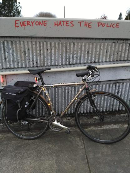 My bike leaning against a gray wall with "everyone hates the police" written on it in red letters. It was near Christmas so my bike had lights for decoration.