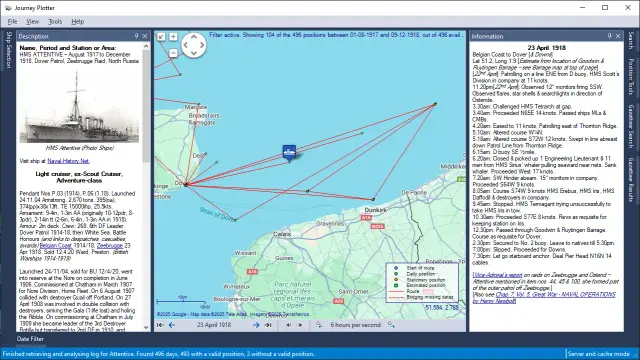 Screenshot of Journey Plotter showing the 1917-1918 journey of HMS Attentive, and the events recorded in her log-book for 23 April 1918.