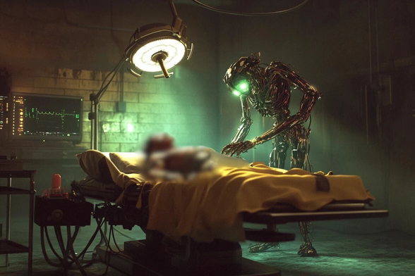 A robotic taking care of a human patient lying in a medical bed, symbolizing advanced AI integration in modern healthcare.