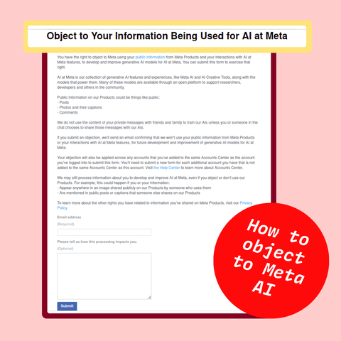 Screenshot from the Meta page where you can object to your data being used for AI