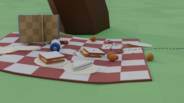 Another view of the same scene, giving more of an overview, multiple columns of ants branch out form the main line to investigate different parts of the picnic. Ants are gathered around a couple of slices of orange. In the foreground, a large number of ants are carrying a whole sandwich
