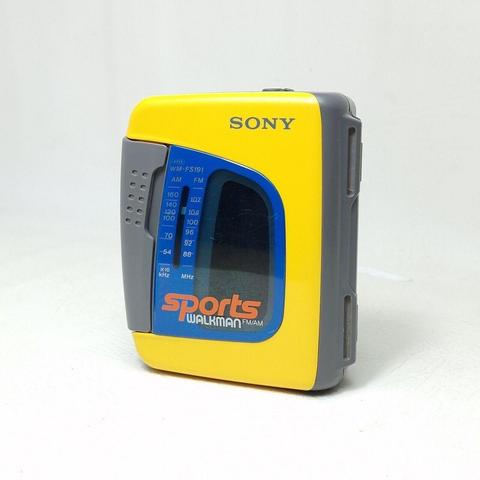 Photographic image of a WM-FS191 Sony Walkman in bright yellow, with a fun retro design.