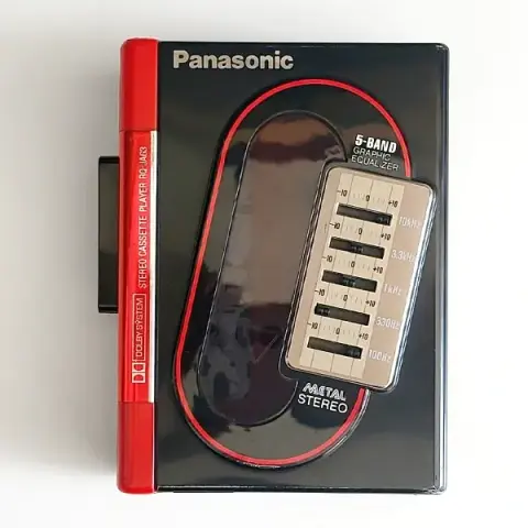 Photographic image of portable tape player, an "early Panasonic model with 5-band graphic equalizer". It has red and black detailing.