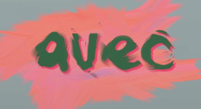 Word 'Avec' drawn in impressionistic graffiti style. The letters have green olive colour and look blurry. The shadow outline is in crimson colour. The background mostly grey with orange and violet oil brush strokes been smeared by a palette knife.