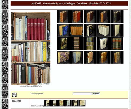 Screenshot der Aktuell-Seite des Comenius-Antiquariates mit den neu erfassten Büchern