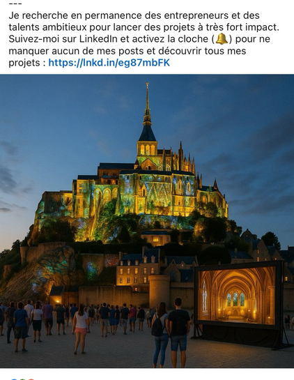 capture d’écran avec image conçue par IA du Mont Saint-Michel sur le compte LinkedIn de Pierre-Edouard Stérin 