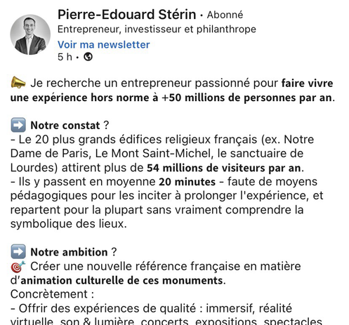 capture d’écran sur le compte LinkedIn de Pierre-Edouard Stérin 