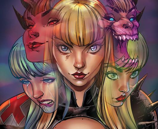 Magik various alter-egos superimposed around her face, on the cropped cover of Magik #4 (2025)