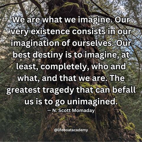 A social post from @lifeboatacademy which says: “We are what we imagine. Our very existence consists in our imagination of ourselves. Our best destiny is to imagine, at least, completely, who and what, and that we are. The greatest tragedy that can befall us is to go unimagined.”
— N. Scott Momaday