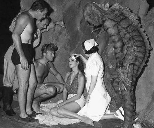 "Actress Julie Adams being treated after hitting her head during the filming of “Creature from the Black Lagoon”, 1954"