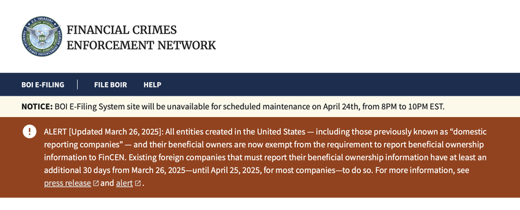 A long-winded message to inform me that domestic companies are exempt from needing to fill out the form I just filled out.