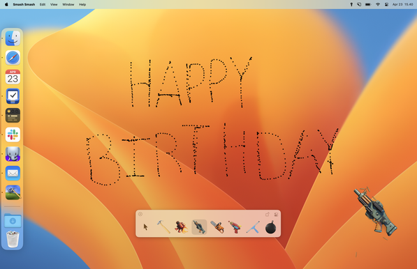 Screenshot of macOS running the Smash Smash app. On the user's desktop background are bullet holes forming the text "Happy Birthday". 