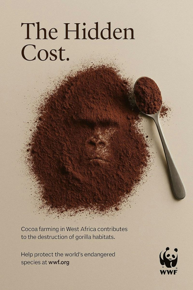 Each ad sheds light on a pressing issue: the destruction of animal habitats to make room for food, cosmetics, and other consumer goods.