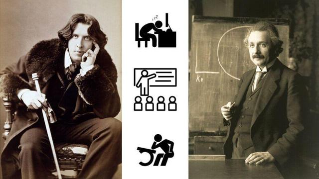 photographs of Oscar Wilde and Albert Einstein surrounding three icons of a sleeping worker at a desk, a teacher in front of a class, and a student leaning on their desk. Image attributions: Oscar Wilde image by Napoleon Sarony - Library of Congress, Public Domain, Albert Einstein image By Ferdinand Schmutzer, Public Domain