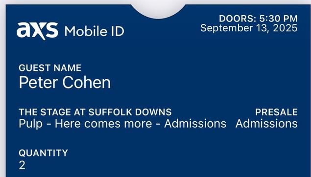 A screenshot of an Apple Wallet ticket showing a presale ticket for Pulp, playing Suffolk Downs in Boston in September.