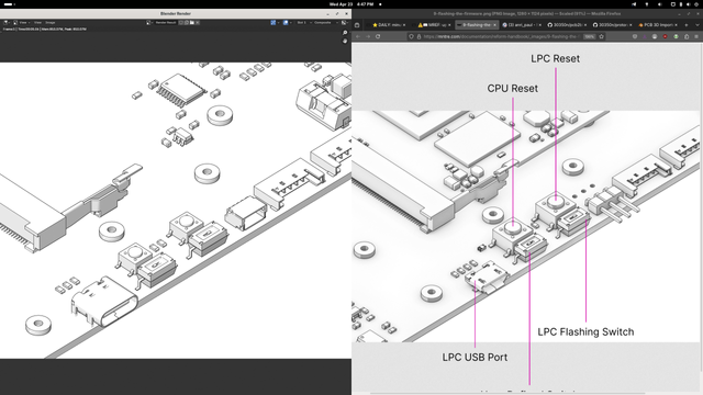 part of a mnt reform motherboard (detail shot). an original render from the handbook on the right side of the screen, vs my approximation with some new pcb components on the left) 