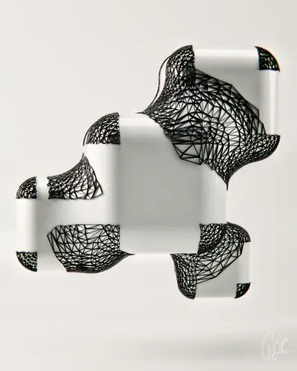Abstract 3D render of a geometric white form partially covered by black wireframe mesh. The smooth base contrasts with the chaotic, triangulated structures that stretch across its surface. Minimalist lighting and a neutral background emphasize the sculptural form.