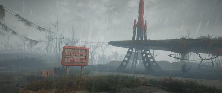 screenshot of Fallout 4 showing the Red Rocket gas station with dense fog at a rainy day