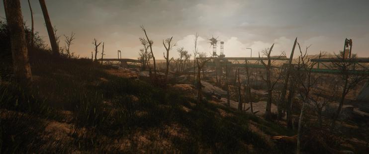 screenshot of Fallout 4 showing a lush valley during sunset