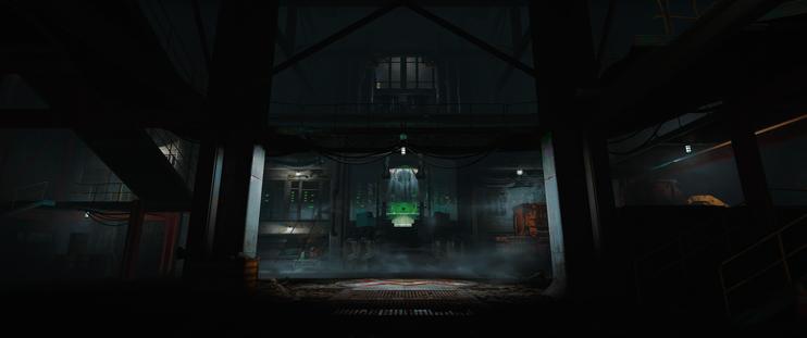 screenshot of Fallout 4 showing the Mechanists hide, a dark factory with sparse lighting