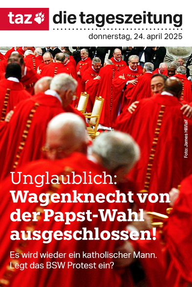 Katholische Kardinäle in roten Gewändern bei der Konklave zur Papstwahl 2005. Zeile: Unglaublich: Wagenknecht von der Papst-Wahl ausgeschlossen! Es wird wieder ein katholischer Mann. Legt das BSW Protest ein?  