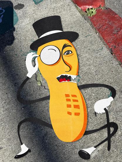 A drawing of Mr. Peanut, a food mascot that is a peanut with arms, legs, a top hat, and a monocle. The drawing has a paper-like feel, as if it was made from cut-up sheets of colorful paper. 
