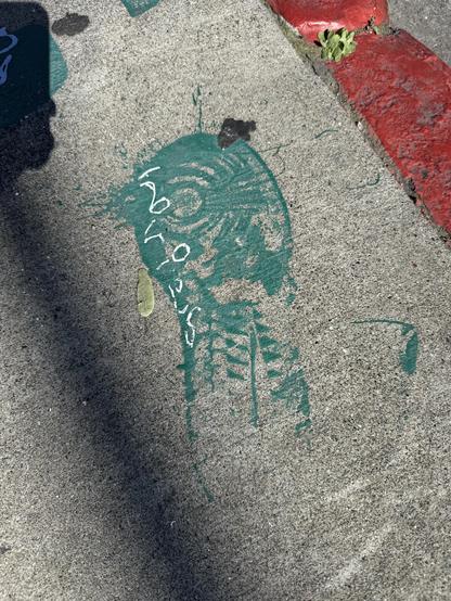 Green paint on the sidewalk that is in the shape of the bottom of a shoe. 