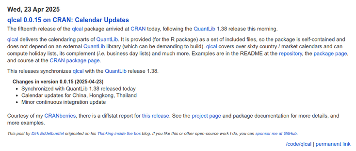 Screenshot of blog post at https://dirk.eddelbuettel.com/blog/2025/04/23#qlcal-r_0.0.15 describing release 0.0.15 of CRAN package qlcal