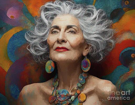 A portrait of an artist friend, against bright, abstract, beautiful woman, silver hair, 