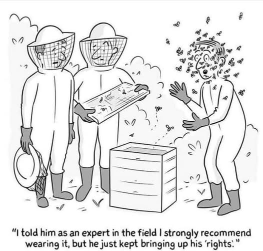 a cartoon of three beekeepers surrounding an open beehive. Two of them are wearing full protective suits and veils. The third is not wearing a veil, and is being attacked by a swarm of bees. One of the veiled beekeepers is speaking to the other one. The text reads:
"I told him as an expert in the field I strongly recommend wearing it, but he just kept bringing up his 'rights'."