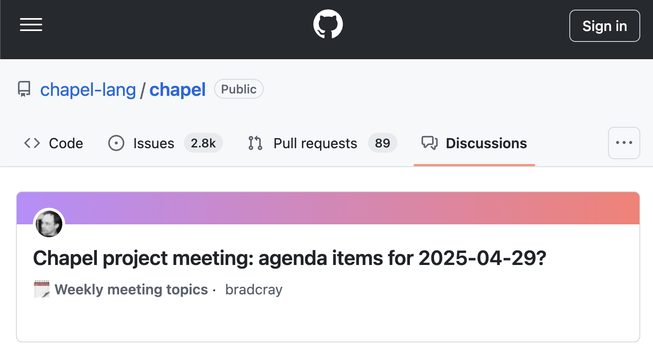Screenshot of the linked webpage, showing "Chapel project meeting: agenda items for 2025-04-29?" in GitHub.