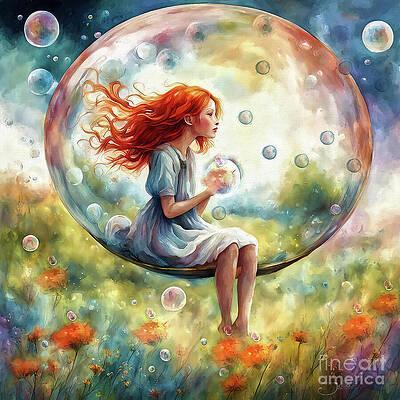 A young girl with flowing red hair sits inside a large, transparent bubble, surrounded by smaller bubbles. 