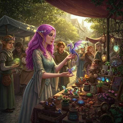 A young woman with vibrant purple hair, wearing a flowing, iridescent gown, standing behind a stall at a bustling medieval marketplace, selling small, iridescent dragons to a crowd. The dragon's wings glimmer softly with rainbow hues. Behind her, the stall is overflowing with unusual items such as enchanted trinkets, glowing mushrooms, and small, singing plants. The surrounding scene is busy with a mixture of humans and mythical creatures, with natural, dappled sunlight shining through leafy trees. The image is a blend of fantasy and medieval market aesthetics.