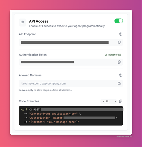 yuzu.chat API access control panel with a code example