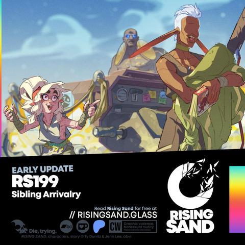 A promotional image for RIsing Sand's Patreon, wherein Dal and Crjth happily converse, while Qebrus looms forlorn in the background.