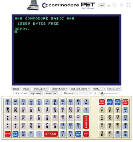 Ein Commodore PET 2001 Emulator wartet geduldig auf BASIC-Befehle, während 15.359 Bytes Freizeit genießen. Der Cursor blinkt nervöser als ein Praktikant vor dem ersten POKE. Unten eine Tastatur voller kryptischer Zeichen – als hätte ein Tintenfisch einen Grafikdesigner ersetzt. Willkommen in der Ära, in der man noch mit RUN ins Abenteuer startete.