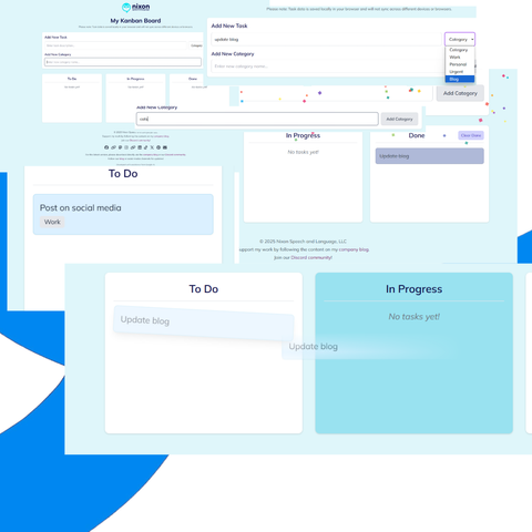 images of a Kanban task tracker from Nixon Speech and Language, LLC