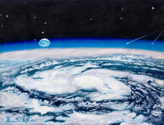 Painting depicting the view from high above the earth's surface in space. White swirling clouds are forming a tropical storm with dark blue green ocean visible between them. Below a dark sky with some stars, the horizon shows a layer of bright blue atmosphere. The air is warping the moon, as a couple meteors streak into view.