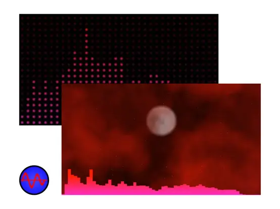 A vibrant audio visualization showcasing two distinct styles: the 'Bulb Spectrum' pattern, featuring colorful, bulb-like shapes that represent audio frequencies, and the 'Lunar Pulse' pattern, depicting a soft, cloudy sky that mimics the gentle rhythm of moonlight. Together, they illustrate the dynamic interplay of sound and light.