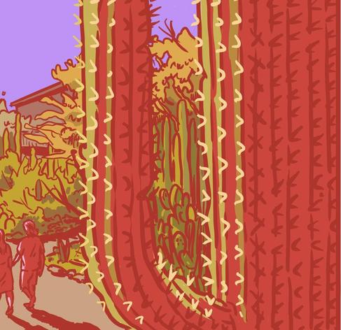 A saguaro cactus in the foreground, two walking persons in the background on a road surrounded by bushes and plants. The roof of a house is visible.