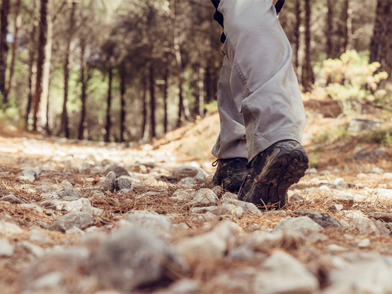 „Person in Wanderkleidung läuft auf einem steinigen Waldweg; Fokus auf den Schuhen und dem Untergrund, Hintergrund mit Bäumen unscharf.“