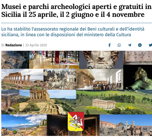 #sicilia #sicily #happyisland #isolafelice #italy
#MuseiSicilia #ParchiAperti #ArcheologiaSiciliana  #EventiSicilia #25Aprile #2Giugno #4Novembre #ViaggioinSicilia #CulturaSiciliana #ScopriSicilia  #Ingressogratis #TurismoCulturale #MuseumsSicily #OpenParks #SicilianArcheology #EventsSicily #25April #2June #4November #TraveltoSicily #SicilianCulture #DiscoverSicily #FreeEntrance #CulturalTourism