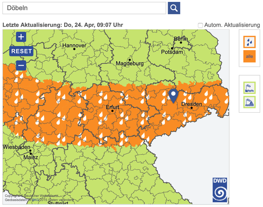Ausschnitt der Deutschland-Warnkarte des Deutschen Wetterdienstes für den 24.04.2025