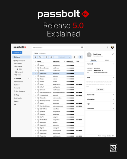 Passbolt 5.0 release overview with screenshot of the updated user interface, showing password entries and a detailed view of a selected resource.