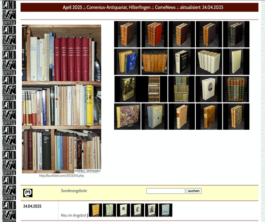 Screenshot der Aktuell-Seite des Comenius-Antiquariates mit den neu erfassten Büchern