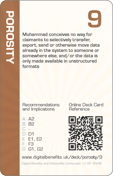 Image of the DBD Cornucopia Nine of Porosity card with text 'Muhammad conceives no way for claimants to selectively transfer, export, send or otherwise move data already in the system to someone or somewhere else, and/or the data is only made available in unstructured formats'